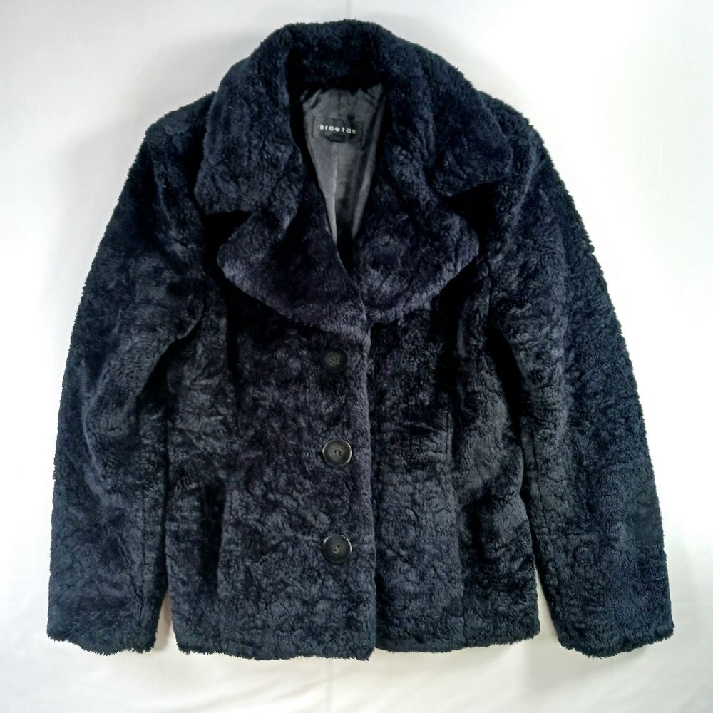 BRAETAN Faux Fur Winter Jacket Mob Wife Short Coat Pockets Jet Black Size M - Picture 4 of 9